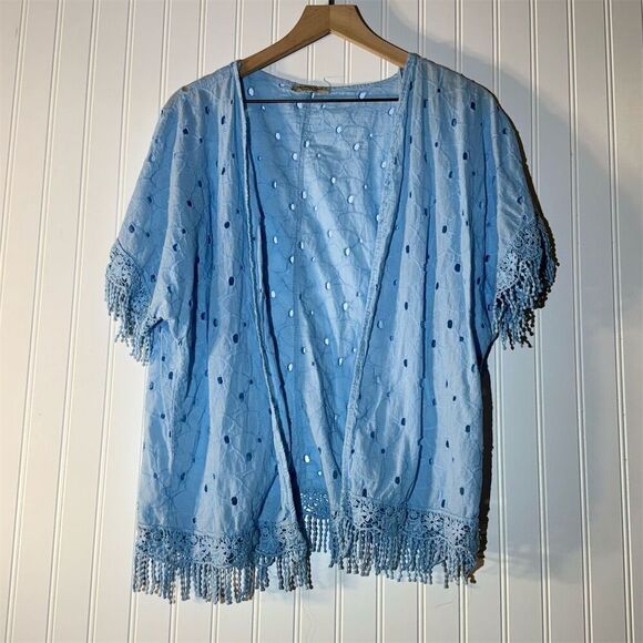 Valentina Jackets & Blazers - Valentina Naldi Made in Italy Boho Kimono Cardigan OS Blue Lace Crochet Beach
